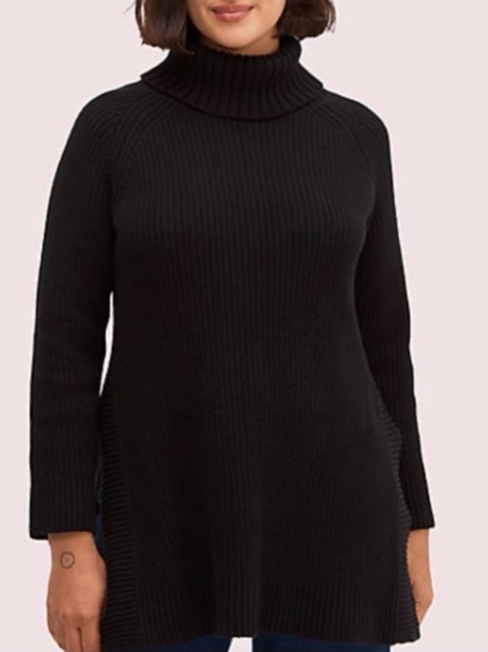 Kate Spade Black Turtleneck Knit Tunic Sweater XS Side Splits Cotton Cashmere